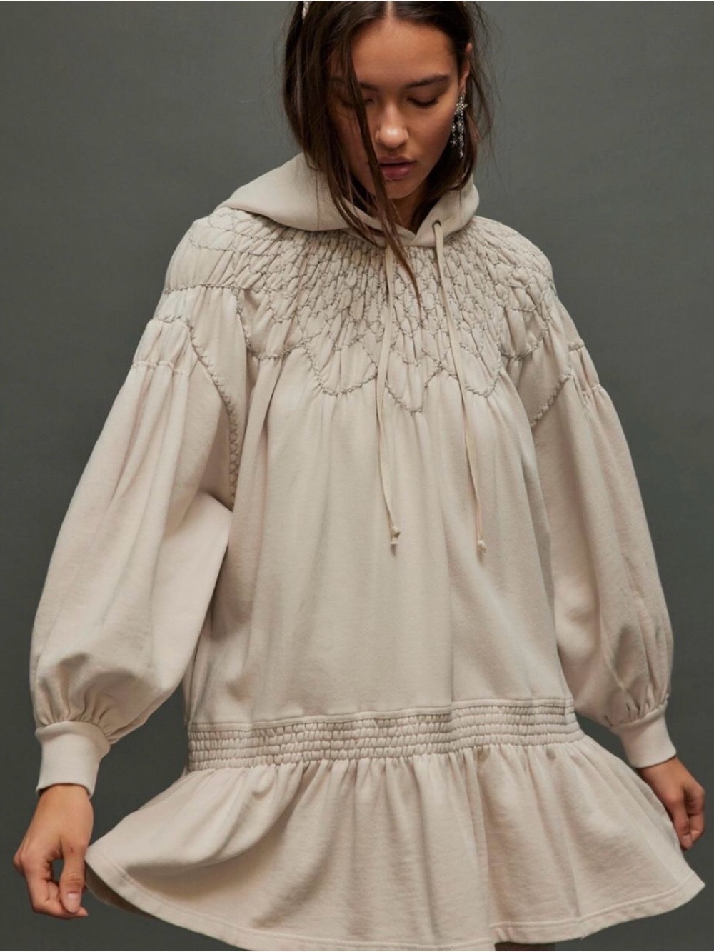 Free People Cream Smocked Hooded Mini Dress